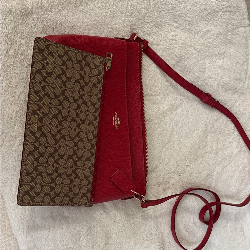 Coach Red Pebbled Leather Crossbody + Signature Canvas Zip Pouch Set